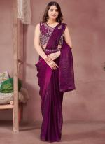 Sattin Burgandy Party Wear Embroidery Work Ready To Wear Saree